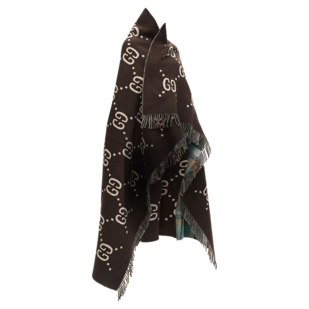 Gucci 100% wool green red plaid tartan brown GG monogram blanket scarf - Picture 3 of 10